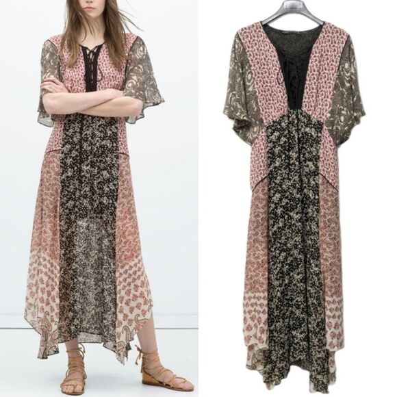 ZARA WOMAN Ditzy Floral Peasant Lace-Up Maxi Dress L - Picture 1 of 10